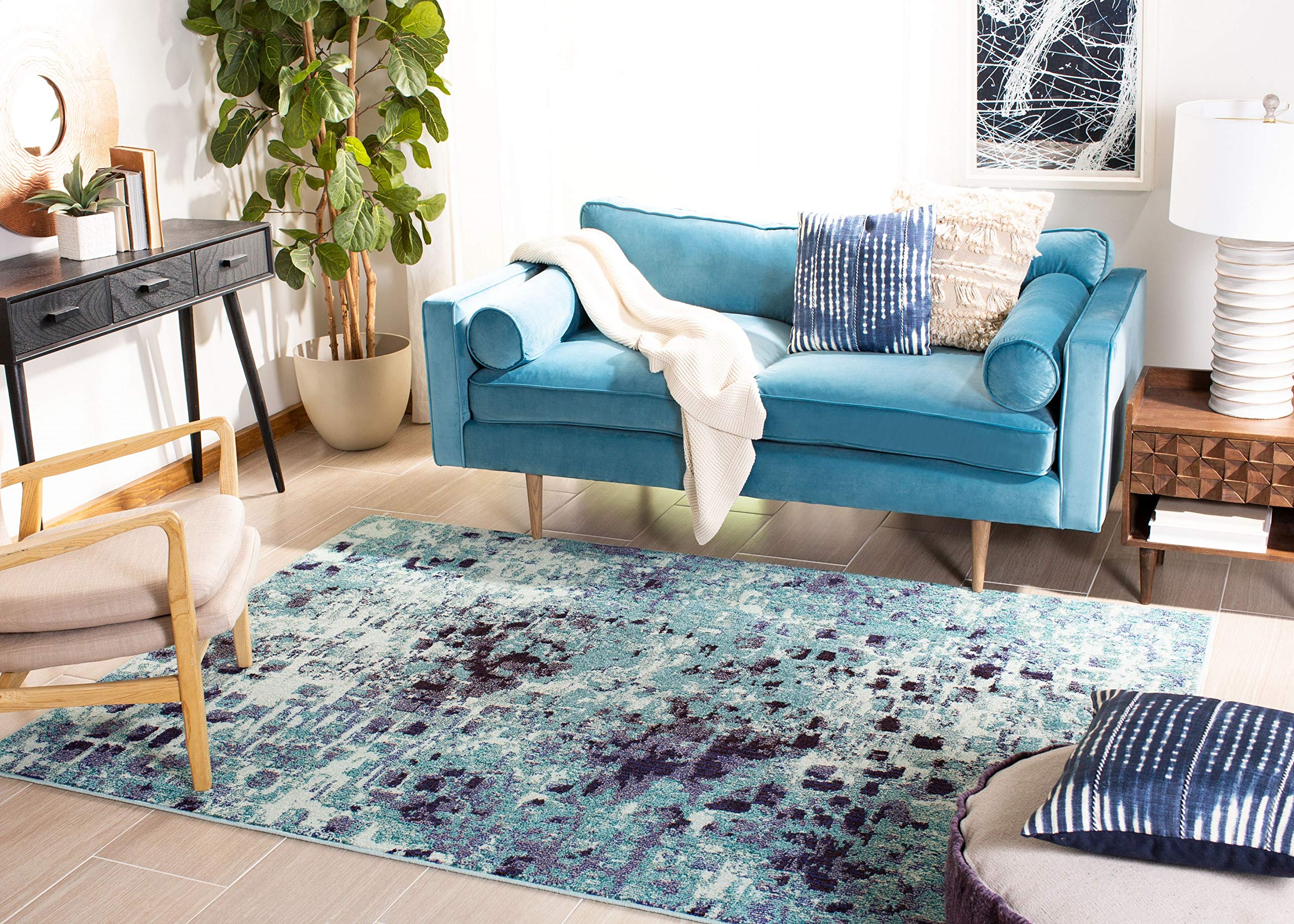Safavieh Madison Collection Area Rug - 8' X 10', Turquoise & Navy, Boho Abstract Distressed Design, Non-Shedding & Easy Care, Id
